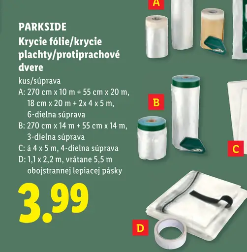 Parkside krycie fólie, krycie plachty a protiprachové dvere A – 6-dielna súprava: 270 cm × 10 m, 55 cm × 20 m, 18 cm × 20 m, 2…