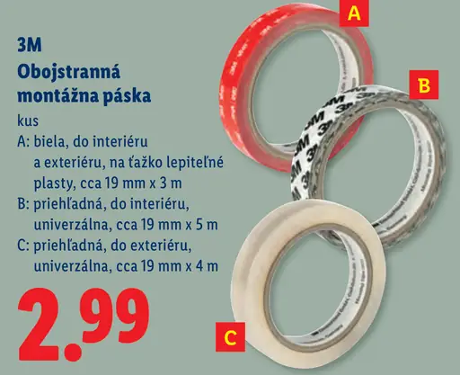 3M obojstranná montážna páska – biela, do interiéru a exteriéru, na ťažko lepiteľné plasty, cca 19 mm × 3 m