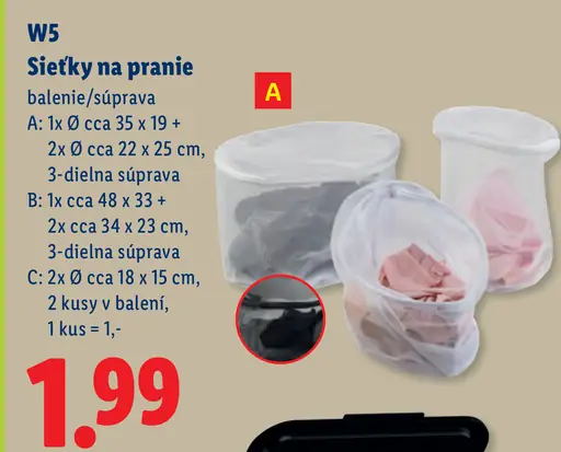 W5 Sieťky na pranie – variant A, súprava s 1 sieťkou cca 35 × 19 cm a 2 sieťkami cca 22 × 25 cm