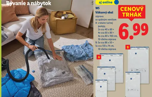 W5 Vákuový obal – variant A, 10-dielna súprava s ručnou pumpou; 2 obaly cca 40 × 60 cm, 4 obaly cca 60 × 80 cm a 4 obaly cca 80…