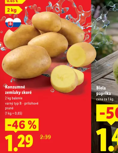 Konzumné zemiaky skoré, varný typ B – prílohové, prané