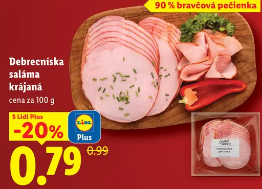 Čerstvá porcia debrecínska saláma krájaná