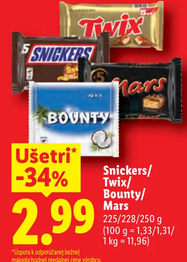 Snickers, Twix, Bounty a Mars čokoládové tyčinky