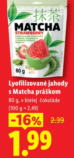 Lyofilizované jahody s matcha práškom v bielej čokoláde