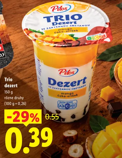 Trio dezert s zakysanou smetanou, malinový čoko-oriešok / mango čoko-oriešok