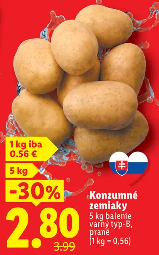 Konzumné zemiaky skoré, varný typ B – prílohové, prané