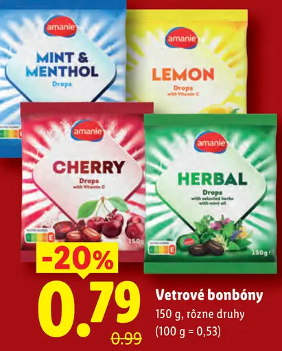 Amanie vetrové bonbóny, príchute Mint & Menthol, Lemon, Cherry a Herbal