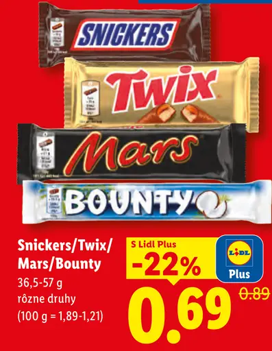 Snickers, Twix, Mars a Bounty čokoládové tyčinky