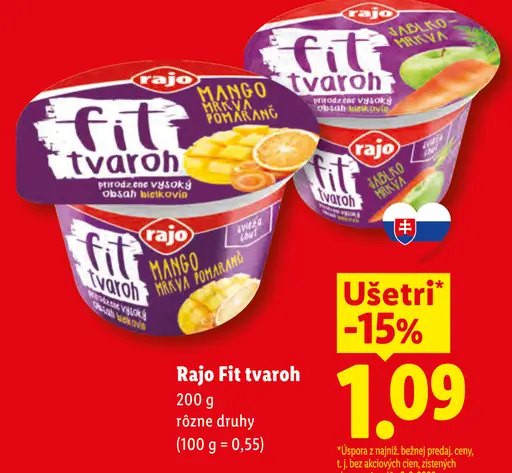 Rajo Fit tvaroh – rôzne druhy: mango-marakuja, jablko-škorica