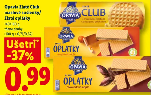 Opavia Zlaté Club maslové sušienky; Zlaté oplátky – nugátová náplň; Zlaté oplátky – čokoládová náplň