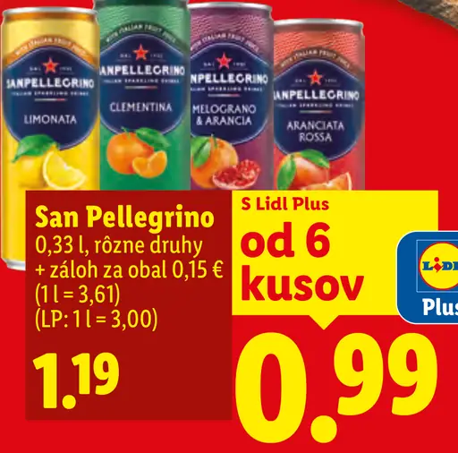 San Pellegrino sýtený nápoj, rôzne druhy: Limonata, Clementina, Melograno e Arancia, Aranciata Rossa