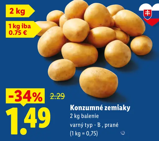 Konzumné zemiaky skoré, varný typ B – prílohové, prané