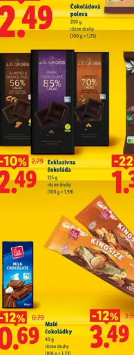 J.D. Gross exkluzívna čokoláda – mandľa a pomarančová kôra, horká čokoláda 85 % kakaa, karamelová čokoláda 70 % kakaa