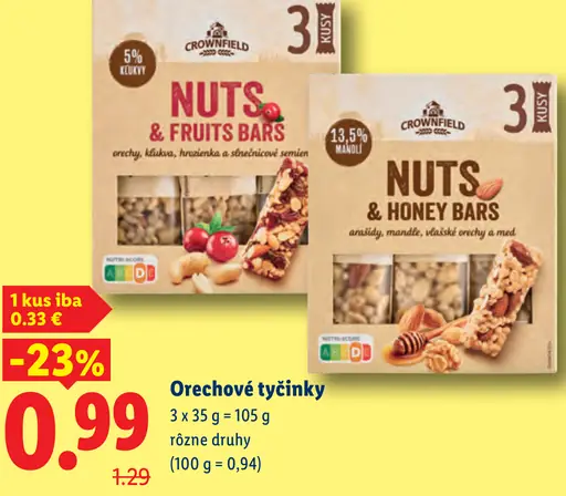 Crownfield orechové tyčinky Nuts & Fruits Bars