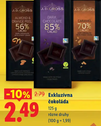 J.D.Gross exkluzívna čokoláda – Almond & Orange Peel 56 % Cacao, Dark Chocolate 85 % Cacao, Caramel 70 % Cacao