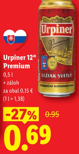 Urpiner Premium 12° svetlý ležiak plechovka