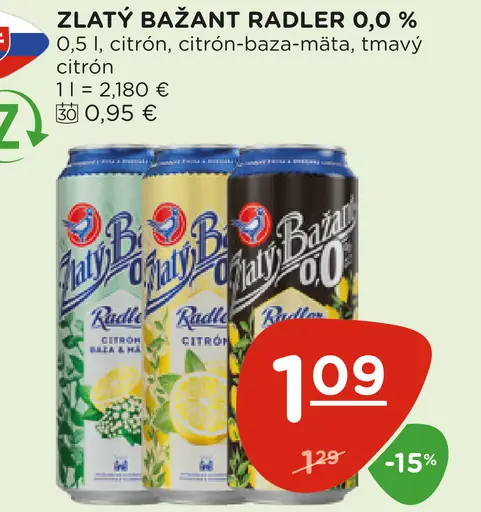 Zlatý Bažant radler 0,0 % plechovka