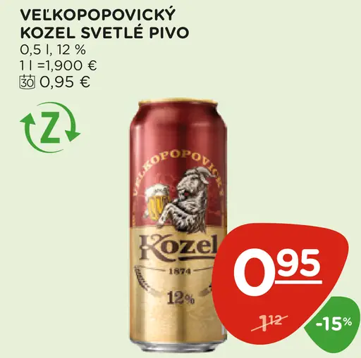 Velkopopovický Kozel svetlé pivo plechovka