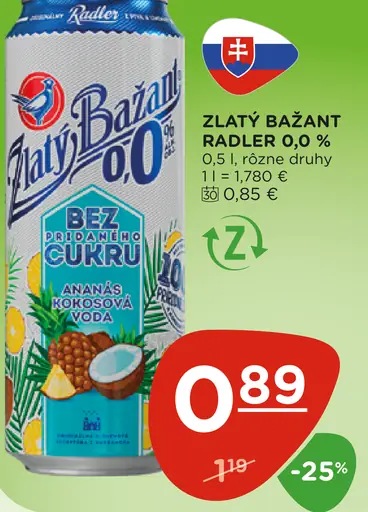 Zlatý Bažant radler 0,0 % plechovka