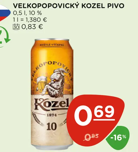 Velkopopovický Kozel pivo plechovka