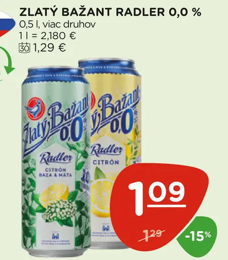 Zlatý Bažant radler 0,0 % plechovka