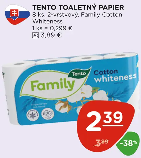 Tento Family Cotton Whiteness toaletný papier 2 vrstvy 8 kotúčov