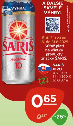 Šariš Svetlé pivo plechovka
