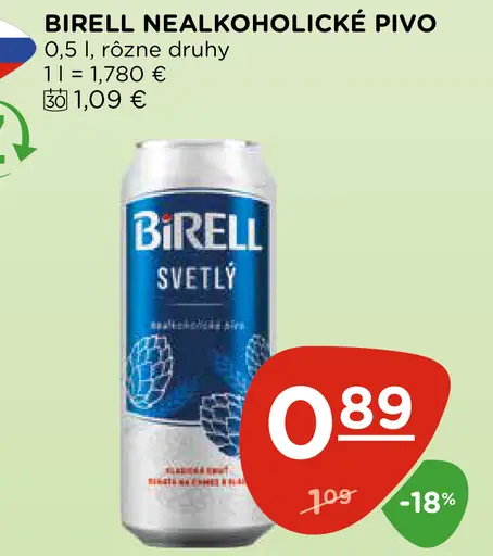 Birell Svetlý nealkoholické pivo plechovka
