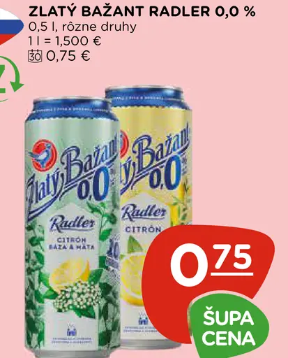 Zlatý Bažant radler 0,0 % plechovka