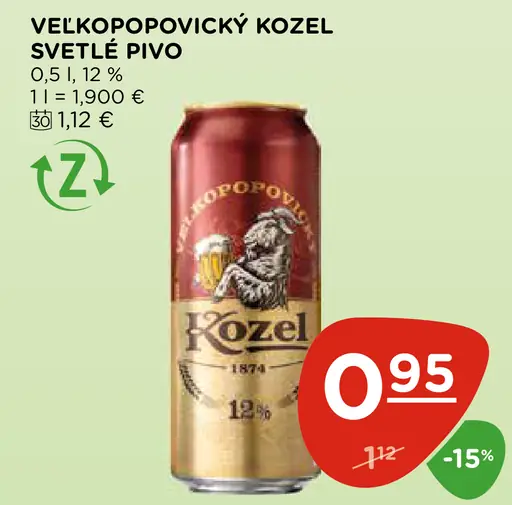 Velkopopovický Kozel svetlé pivo plechovka