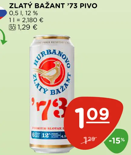Zlatý Bažant '73 pivo svetlý ležiak plechovka