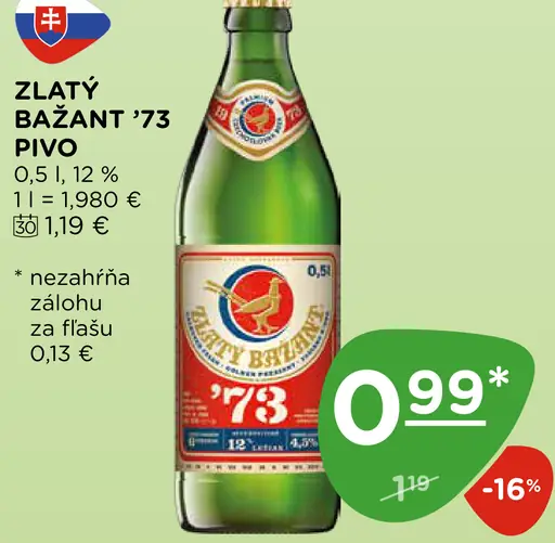 Zlatý Bažant '73 pivo svetlý ležiak