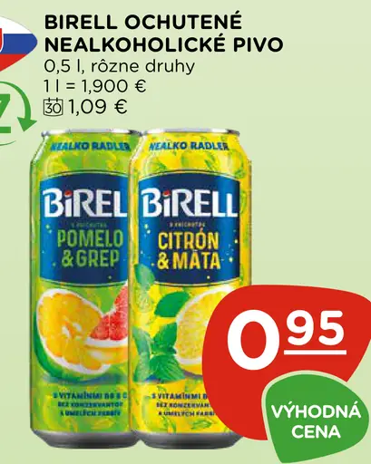 Birell ochutené nealkoholické pivo pomelo a grep, citrón a mäta plechovka