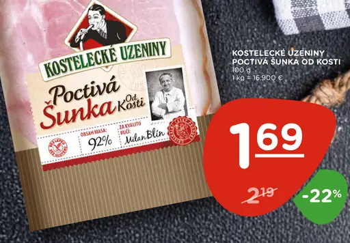 Kostelecké Uzeniny Poctivá šunka od kosti
