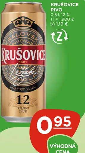 Krušovice pivo 12 % svetlý ležiak plechovka
