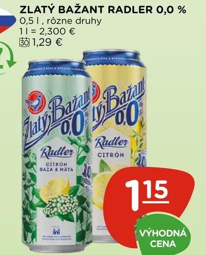 Zlatý Bažant Radler 0,0 % citrón, mäta limetka plechovka rôzne druhy