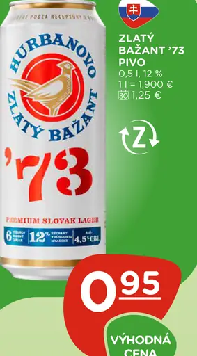 Zlatý Bažant '73 pivo svetlý ležiak plechovka