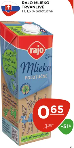 Rajo Mlieko trvanlivé polotučné