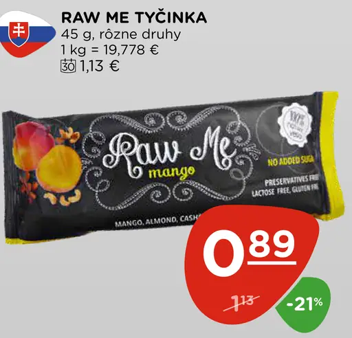 Raw Me tyčinka mango, almond, cashew, lucuma