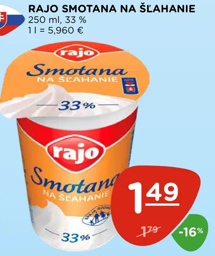 Rajo Smotana na šľahanie 33%