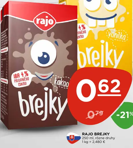 Rajo Brejky kakaový alebo vanilkový mliečny nápoj