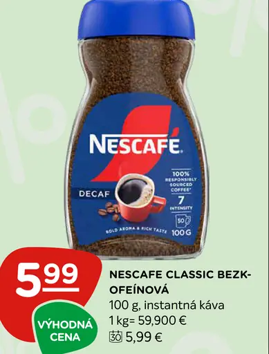 Nescafé Classic Decaf bezkofeínová instantná káva