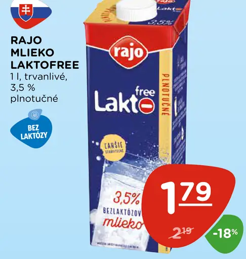 Rajo mlieko Laktofree trvanlivé plnotučné