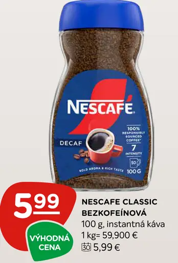Nescafé Classic Decaf bezkofeínová instantná káva