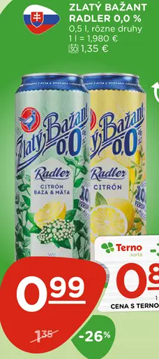 Zlatý Bažant Radler 0,0% citrón baza mäta