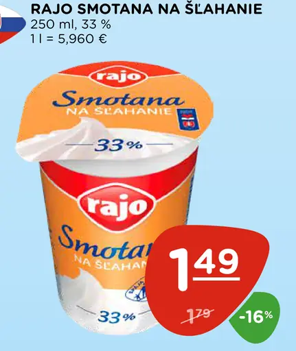 Rajo Smotana na šľahanie 33%
