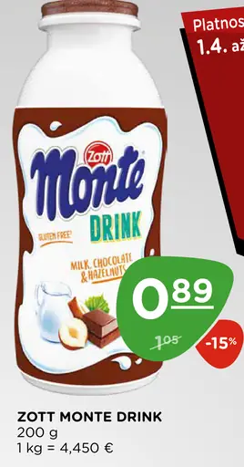 Zott Monte drink mliečny nápoj s čokoládou a lieskovými orechmi
