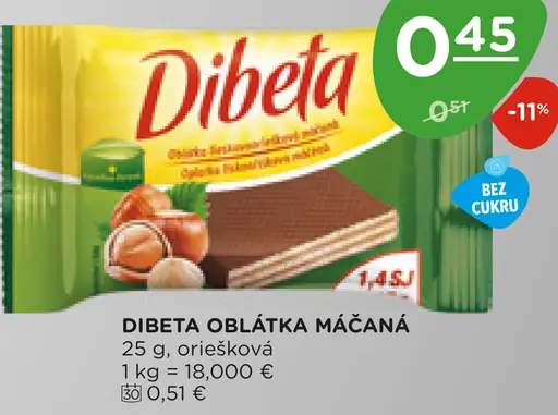 Dibeta oblátka máčaná lieskovooriešková bez cukru