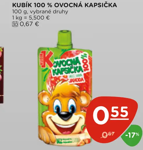 Kubík 100 % ovocná kapsička vybrané druhy