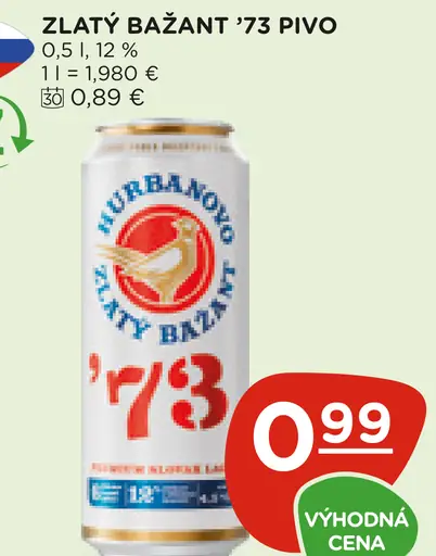 Zlatý Bažant '73 pivo svetlý ležiak plechovka